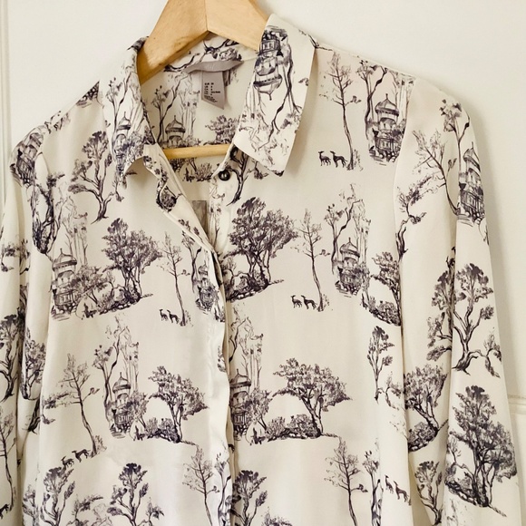 H&M Women’s Size 6 Button Down Collared Blouse Top White Black Toile Classic - Picture 4 of 12